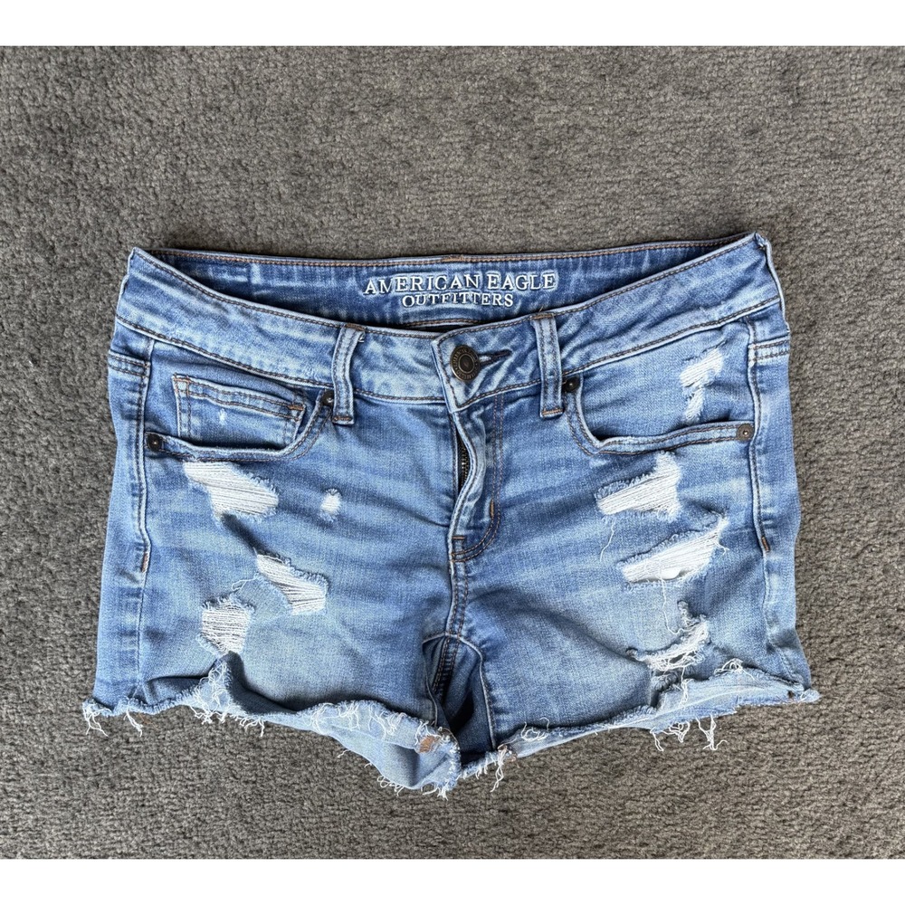 American Eagle Super Low Shortie Distressed Denim Shorts Size 6 Medium Wash